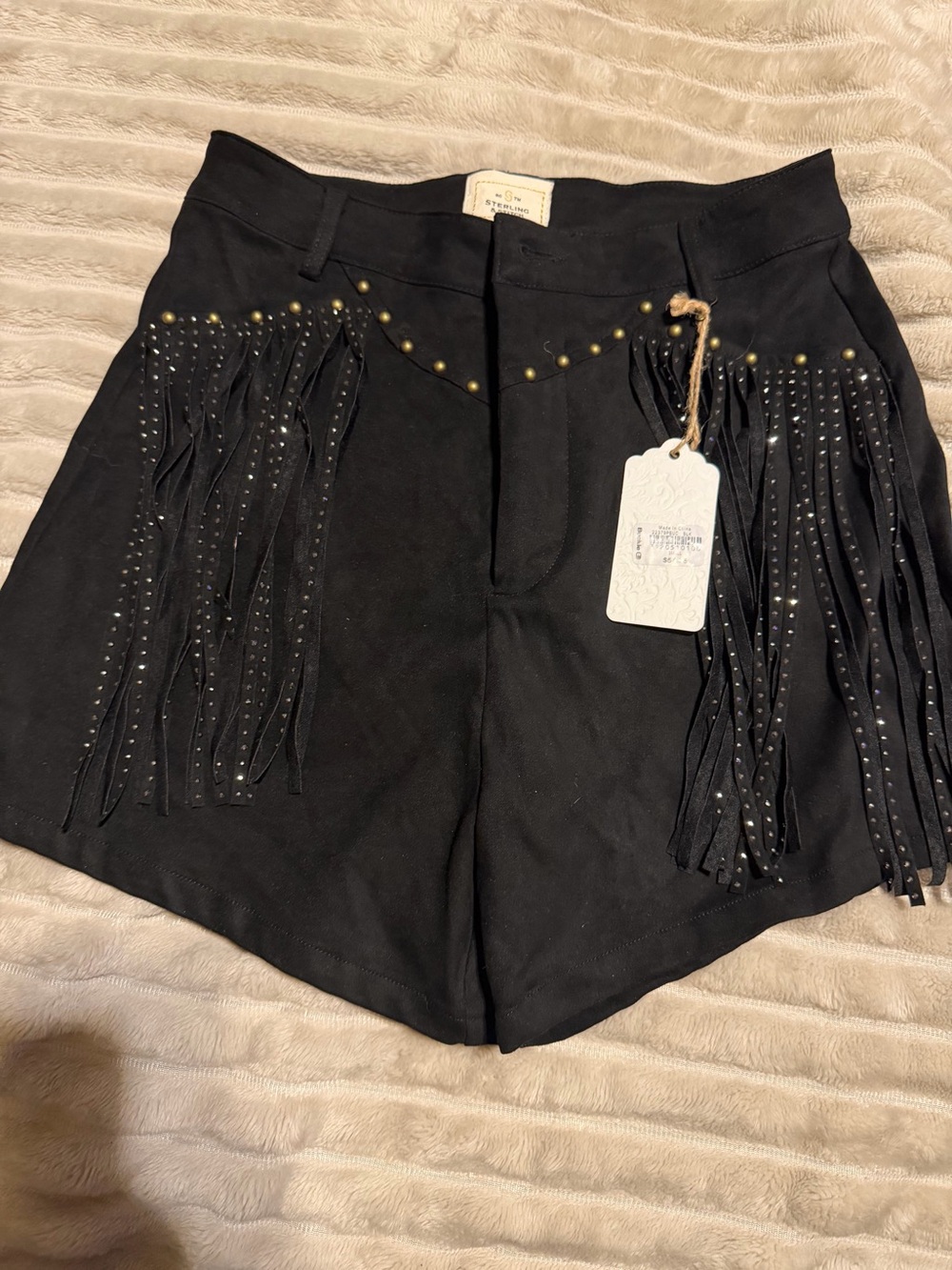 NWT Black suede rhinestone Fringe Shorts - Picture 2 of 4